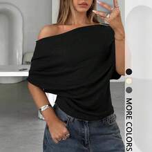 Women's Off-Shoulder Dolman Sleeve Top, Asymmetric Neck Ruched Side Casual T-Shirt For Streetwear & Daily Wear - Black - View 4