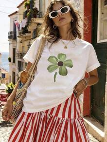 Women's Standard Pattern Print T-Shirt, White, 100% Cotton, Summer Clothing, Pure Cotton T-Shirt Casual - White - View 9