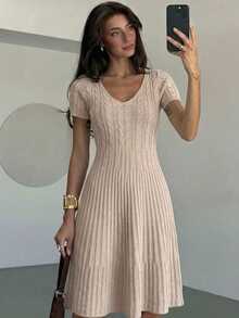 Women's Ribbed Fitted Knit Dress Low Neck Casual Summer Work Outing - Apricot - View 8