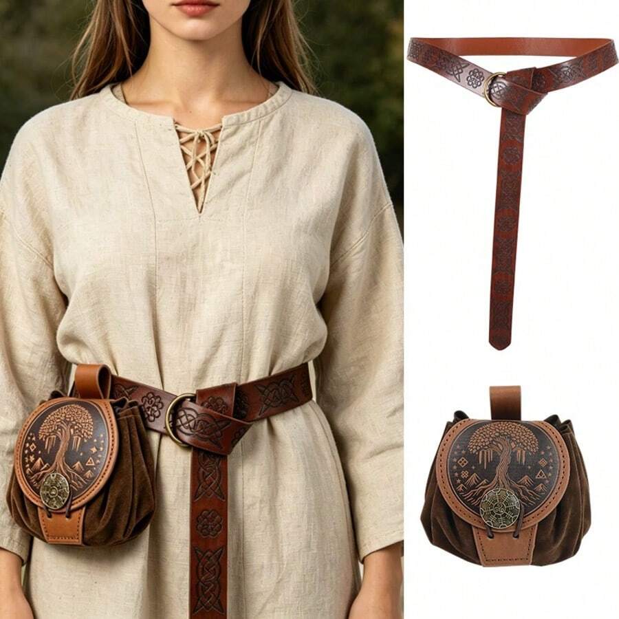 Viking Style Vintage PU Leather Belt Set, Celtic Embossed Belt + Tree Of Life Embossed Suede Waist Bag, Vintage Drawstring Waist Bag/Dice Bag/Coin Purse, Fantasy Cosplay Costume Accessory, Role Play Prop - A - View 1