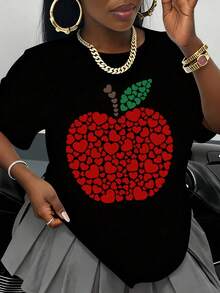 Women's Apple Heart Print T-Shirt, Casual Summer Top, Valentine's Day Gift, White Cotton T-Shirt With Red Hearts And Green Leaves Design - 黑色 - 查看 1