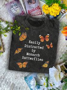 Men's And Women's 100% Cotton T-Shirt With A Pinned Butterfly Design. Vintage Wash Gives It A Retro Look. Easily Achieves A Casual Style, Perfect For Everyday Wear. - 黑色 - 查看 1