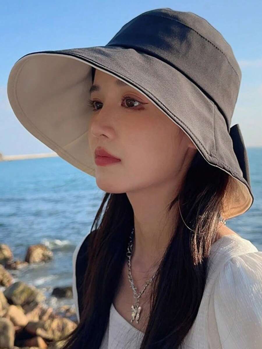 1pc Women's Dual-Tone Bow Bucket Hat, Summer Outdoor Sun Protection Hat, Fashion Versatile Wide Brim Hat For Women - Multicolor - View 1