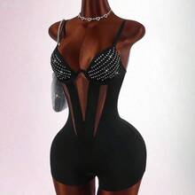 yonghongmaoyi1  Mono ajustado sin mangas con recortes y adornos de strass, negro, sexy de verano para mujer, para club nocturno, festival, playa, cumpleaños y uso casual - Negro01 - Ver 5