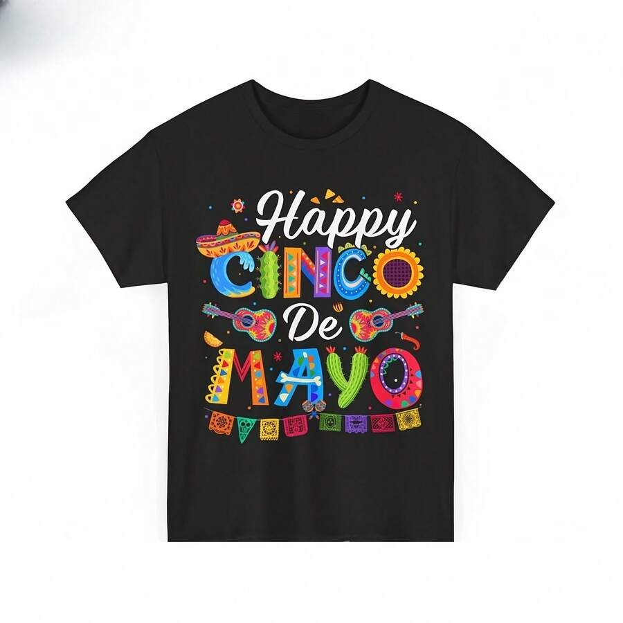 Camiseta Linda de Fiesta Mexicana del Cinco de Mayo, Suave, Veraniega, Cuello Clásico, Manga Corta, Informal, con Diseño Gráfico Divertido para Mujer - Multicolor - Ver 1