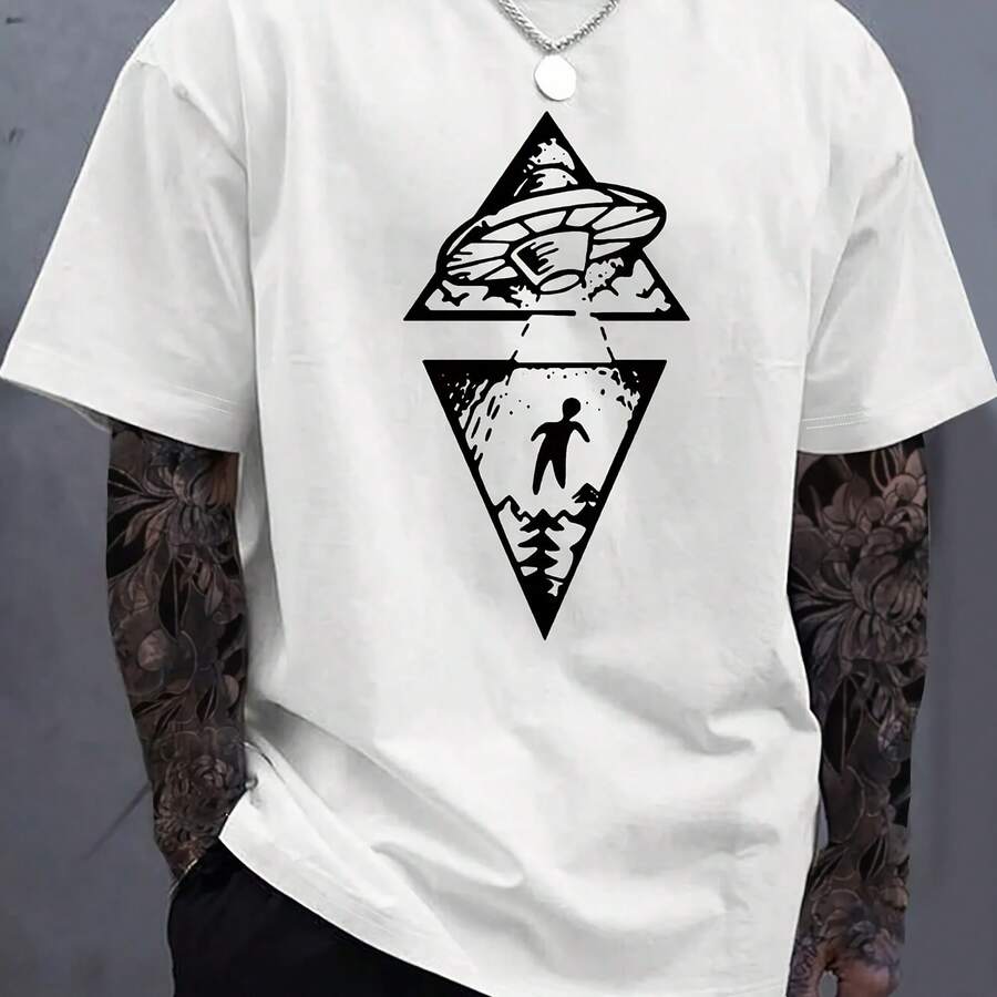 Men's Short Sleeve T-Shirt With Round Neck And Interesting Creative Print, Loose Casual Fashionable 100% Cotton Summer T-Shirt - 彩色 - 查看 1