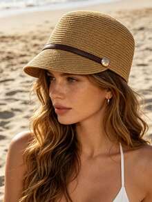 1pc Women's Straw Hat, Polyester Bohemian Style, Solid Color, Sun Protection, Breathable, Vintage, Suitable For Outdoor Daily Use,Beach,Travel - Multicolor - View 18