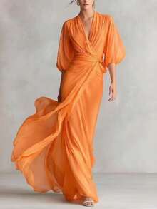 Long Dress With Deep V-Neck, Lantern Sleeves, Fitted, Ladylike Style, Autumn Party - 橘色 - 查看 1