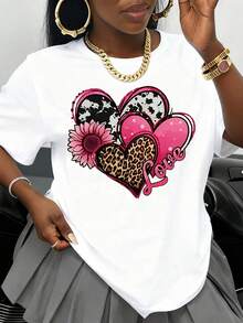 Camiseta Blanca con Estampado de Corazón y Leopardo y Diseño de Flor Rosa, Gráfico de Amor para Mujer, Top Casual de Moda para el Día de San Valentín - Blanco - Ver 1
