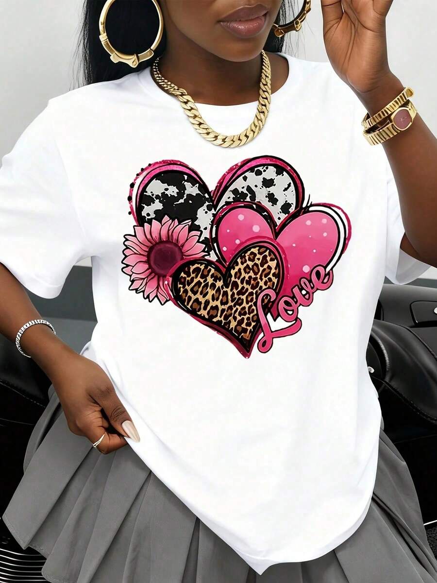 Camiseta Blanca con Estampado de Corazón y Leopardo y Diseño de Flor Rosa, Gráfico de Amor para Mujer, Top Casual de Moda para el Día de San Valentín - Blanco - Ver 1