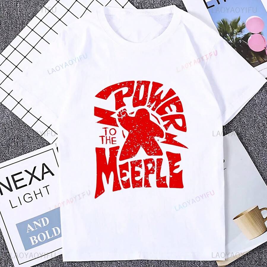 Power To The Meeple Board Game Fun T-Shirt, Men's Casual Cotton Hip Hop Fashion T-Shirt, Women's Breathable Summer Style Y2K T-Shirt - 彩色 - 查看 1