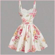 MOD Vestido corto de mujer con estampado floral, cintura ajustada y tirantes con lazo - Multicolor - Ver 3