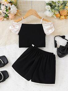 2pcs/Set Toddler Girls' Fashionable Elegant Satin Bow Camisole Top And Colorblock Shorts Summer Outfit - Black - View 3