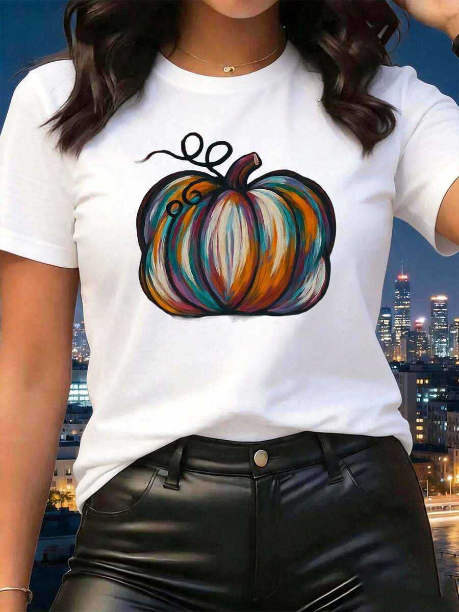 Women's T-Shirt, Colorful Striped Pumpkin, Comfortable Wear - White - View 1