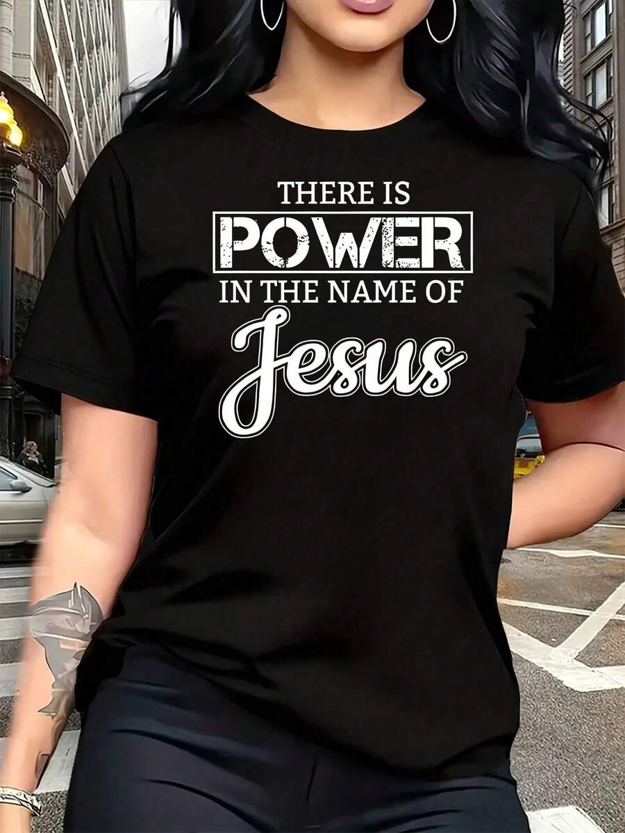 'THERE IS POWER IN THE NAME OF JESUS' Women's Plus Size T-Shirt, 1 Piece, Fun, Graphic Print, Short Sleeve, Novelty, 100% Cotton, Casual Crew Neck, 220g - 黑色 - 查看 1
