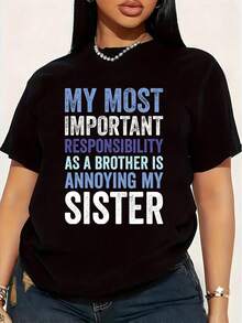 Rivalidad de Hermanos, Mi Hermana Es Irritante, Hermano Divertido, Camiseta de Talla Grande para Mujer, 1 Pieza, Camiseta Gráfica Divertida de Manga Corta, Novedad, Camiseta 100% Algodón, To - Negro - Ver 1