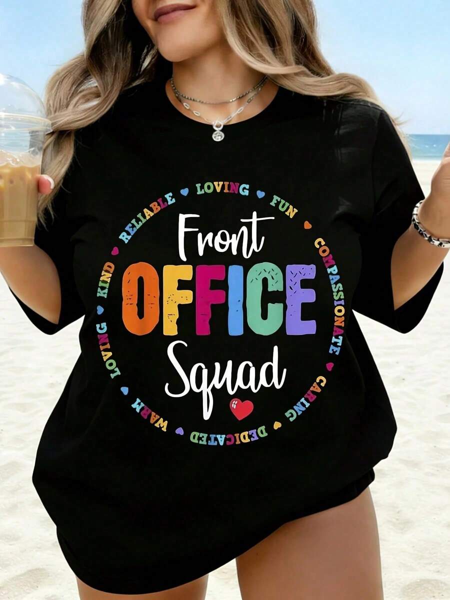 Office Team Front T-Shirt With Colorful Words: Reliable, Kind, Funny, Compassionate, Calm, Dedicated, Warm. White Women's T-Shirt, Ideal For The Beach, Casual Wear - 黑色 - 查看 1