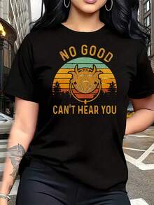 Camiseta Gráfica para Mujer "No Good Can't Hear You", Talla Grande, 1 Pieza, Camiseta Divertida de Manga Corta con Estampado Gráfico, Novedosa, 100% Algodón, Cuello Redondo Casual, 220g - Negro - Ver 1
