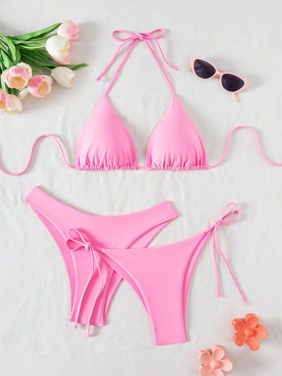 Basics 3 Pieces/Set Solid Color Women's Bikini Set For The Beach In Summer Strand Outfit Damen Strandkleid Bikini Set Damen Bikini Set Badeanzug - 粉色 - 查看 1