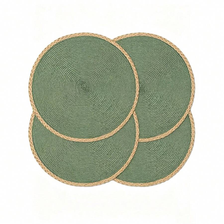 15 Inch Green Round Woven Placemat Set (6/4/1), Washable, Wipeable, Easy To Clean, Heat Resistant, Suitable For Holiday Parties, Indoor And Outdoor Daily Use. Bohemian Style Paper Round Placemat Home Kitchen Table Woven Non-Slip Mat Solid Color Bowl Plate Cup Mat Suitable For Holiday Gatherings, Birthday Parties, Wedding Banquets, Coffee Table Mat, Home Decor Spring/Summer/Autumn/Winter Decoration - Green - View 1