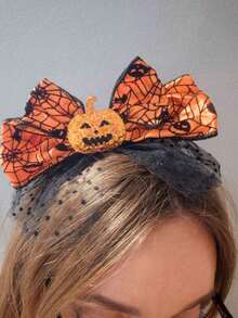 1/2pcs Halloween Pumpkin Headband, Bright Orange Spider Web Bow, Unisex Resin Mesh Headpiece, Adjustable For Adults 15+, Holiday Costume Photo Prop Party Accessory, Suitable For Daily Wear And Photography, Versatile, Vibrant, Easily Enhances Sweet Elegance - View 2