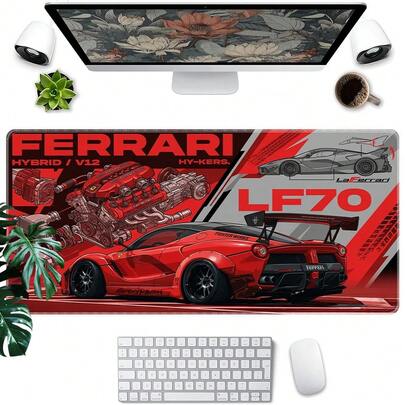1 tấm lót chuột LaFerrari LF70 đỏ, phong cách JDM in hình động cơ xe đua, thảm bàn lớn chống trượt cho game thủ và người yêu xe