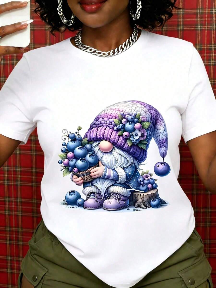 Women's White T-Shirt With Artistic Print Of Garden Gnome And Blueberry Fairy, Summer Casual Clothing For Nature Lovers And Garden Enthusiasts, With A Cute Design - 白色 - 查看 1