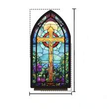 Christian Gothic Vintage 2D Acrylic Tabletop Ornament,Pointed Cathedral Arch Frame,Faux Stained Glass Golden Cross Purple Floral Sky Art Desk Decor,Bookshelf Display Gift For Catholic Believers & Faith Home Decor Lovers - 1PC - View 14