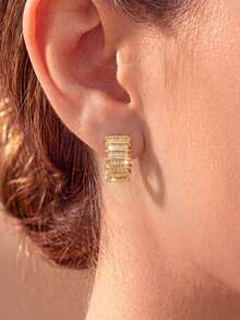 1 par de pendientes de aro dorados con strass multicapa, pendientes versátiles de lujo ligero para uso diario, diseño lineal 3D con clip, fáciles de quitar - Lineal - Ver 5