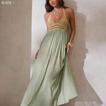 jianchaimaoyi02  Vestido elegante y sexy con escote en V profundo, hecho de ganchillo y parches de malla, para mujer. Ideal para vacaciones, atuendo de playa y vestidos de - Caqui - Ver 6