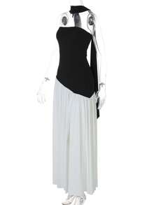 Vestido Mujer Elegante Moda Fiesta Bandejo Ajustado Liso Abertura Espalda Descubierta Cinta Flotante Estilo Europeo Nuevo - Blanco y Negro - Ver 5