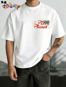 Disney Toy Story Pizza Planet Alien Graphic Tee, Men's Retro Oversized Crew Neck T-Shirt, Space Alien Print White Streetwear - 白色 - 查看 2