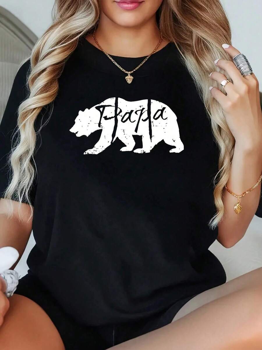 1 Piece Women's Plus Size T-Shirt Go All Out Papa Bear, Oversized Graphic Short Sleeve T-Shirt 220g, Novelty, 100% Polyester, Casual Crew Neck - 黑色 - 查看 1