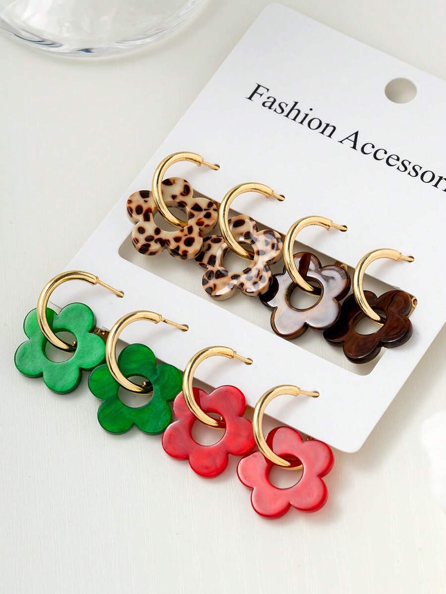 4 Pairs Colorful Acrylic Flower Earrings Set (Leopard Print + Solid Color Mixed) - 4 Pairs Of Colored Sets - View 1