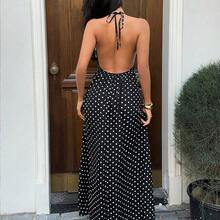 Vestido largo con estampado de lunares negros, encaje y parches, escote en V, cuello halter, espalda descubierta, cintura con lazo, para mujer, primavera/verano, elegante para - Amarillo - Ver 3