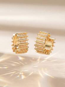 1 par de pendientes de aro dorados con strass multicapa, pendientes versátiles de lujo ligero para uso diario, diseño lineal 3D con clip, fáciles de quitar - Lineal - Ver 1