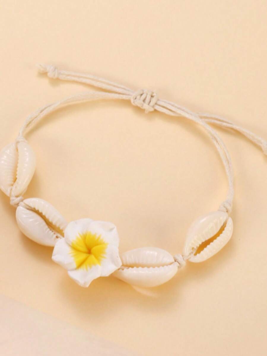 1pc New Bohemian Style Beach Anklet, Hand-Woven Polymer Clay Flower & Shell Anklet Jewelry - Yellow - View 1