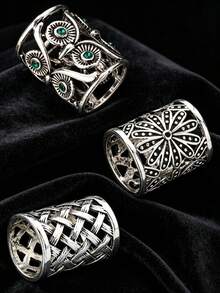 SHEEGIOR 3pcs/Set Vintage Hollow Cross Grid Chrysanthemum Owl Floral Design Scarf Buckle Clothing Veil Headscarf Ring Button Decoration - Ancient Silver - View 6