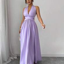 Elegante vestido sin mangas con cuello en V, diseño hueco en la cintura y pliegues, color morado, nueva llegada de primavera/verano - Morado - Ver 5