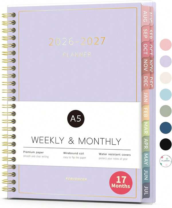 Planificador de agosto 2026 - diciembre 2027, Planificador académico de 17 meses 2026-2027, 6.3" X 8.4", Planificador de calendario semanal y mensual, Libro de agenda diaria, Suministros escolares universitarios para estudiantes y profesores, A5, Púrpura