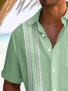 Vintage Geometric Bowling Colorblock Print Men's Lightweight Loose Button-Up Pocket Short Sleeve Shirt - Green - View 4