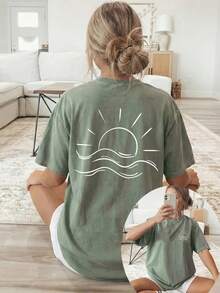 New Summer Collection 2026, [Double-Sided Print] Women's Loose Spring/Summer Casual Clothing, Sun And Sea Print With White Lines, Short Sleeve Crew Neck T-Shirt - 綠色 - 查看 1
