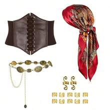 Juego de accesorios de disfraz de pirata de 1/15/16 piezas, que incluye pañuelo para la cabeza, cinturón de cuero, cadena de cintura dorada vintage, medias de red, anillo para el cabello, adecuado para juegos de rol festivos, carnaval, fiesta y mascarada, disfraz festivo y estilo de moda diario - Multicolor - Ver 11
