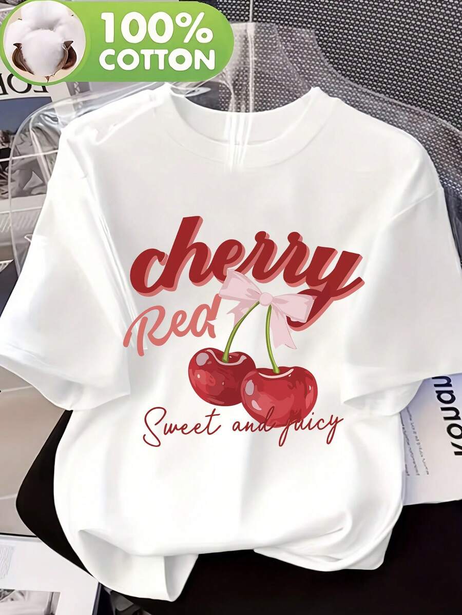 Camiseta de Mujer 100% Algodón con Estampado Vintage de Cerezas | Lazo de moño estilo americano con eslogan - Blanco - Ver 1