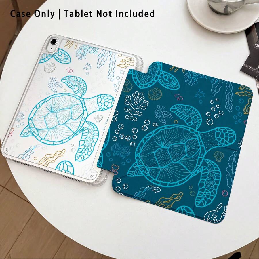 Sea Turtle Pattern Painted Effect Acrylic Crystal Tablet Protective Case, With Stand, Foldable Anti-Bending, Silicone Reinforced Corners, Auto Wake/Sleep Function, Built-In Pen Slot, Multi-Angle Foldable Stand, Perfect Daily Protection, Great Holiday Gift - Multicolor - View 1