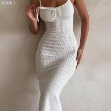 yonghongmaoyi1 Vestido de punto blanco vintage casual y elegante de Yuwenier, con cuello cuadrado, diseño acanalado, patrón calado, tirantes finos, lazo delantero y - Azul - Ver 3