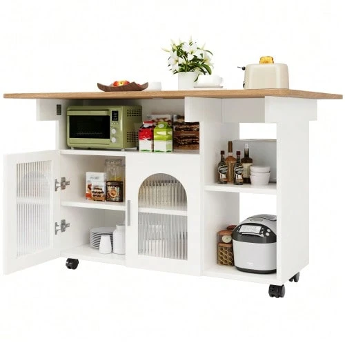 Kitchen Island, Modern Kitchen Island, Kitchen Cabinet, Removable Serving Trolley, Sideboard, Dining Trolley With Wood Grain, Sideboard, Multifunctional Dining Table With Storage Space, Black - White - View 1