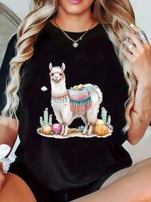 Camiseta de Mujer con Estampado de Alpaca, Casual, Manga Corta, Cuello Redondo, Mezcla de Poliéster, Lavable a Máquina, Apta para Todo el Año. - negro - Ver 1