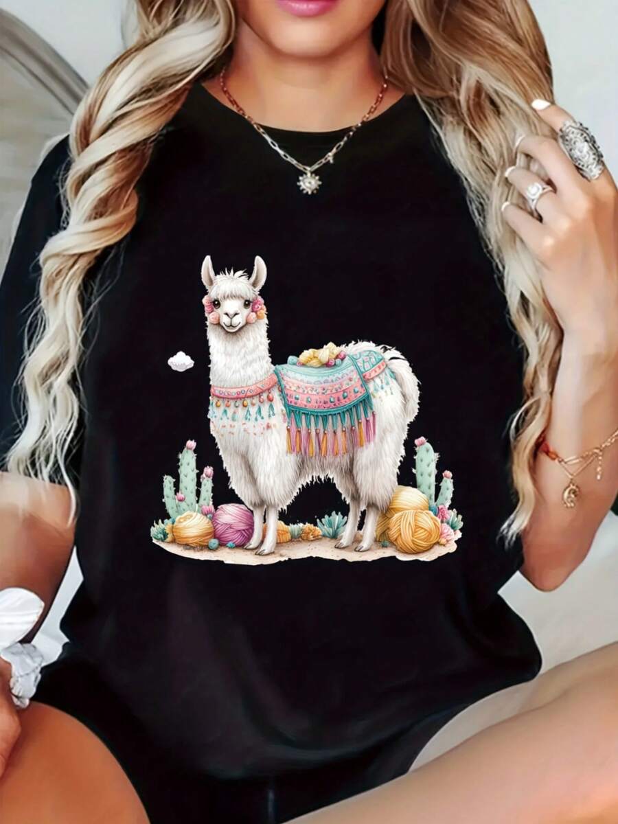 Camiseta de Mujer con Estampado de Alpaca, Casual, Manga Corta, Cuello Redondo, Mezcla de Poliéster, Lavable a Máquina, Apta para Todo el Año. - negro - Ver 1