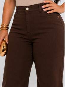 Women's Wide Leg Plus Size Pants, Chocolate Brown - 鏽棕色 - 查看 3